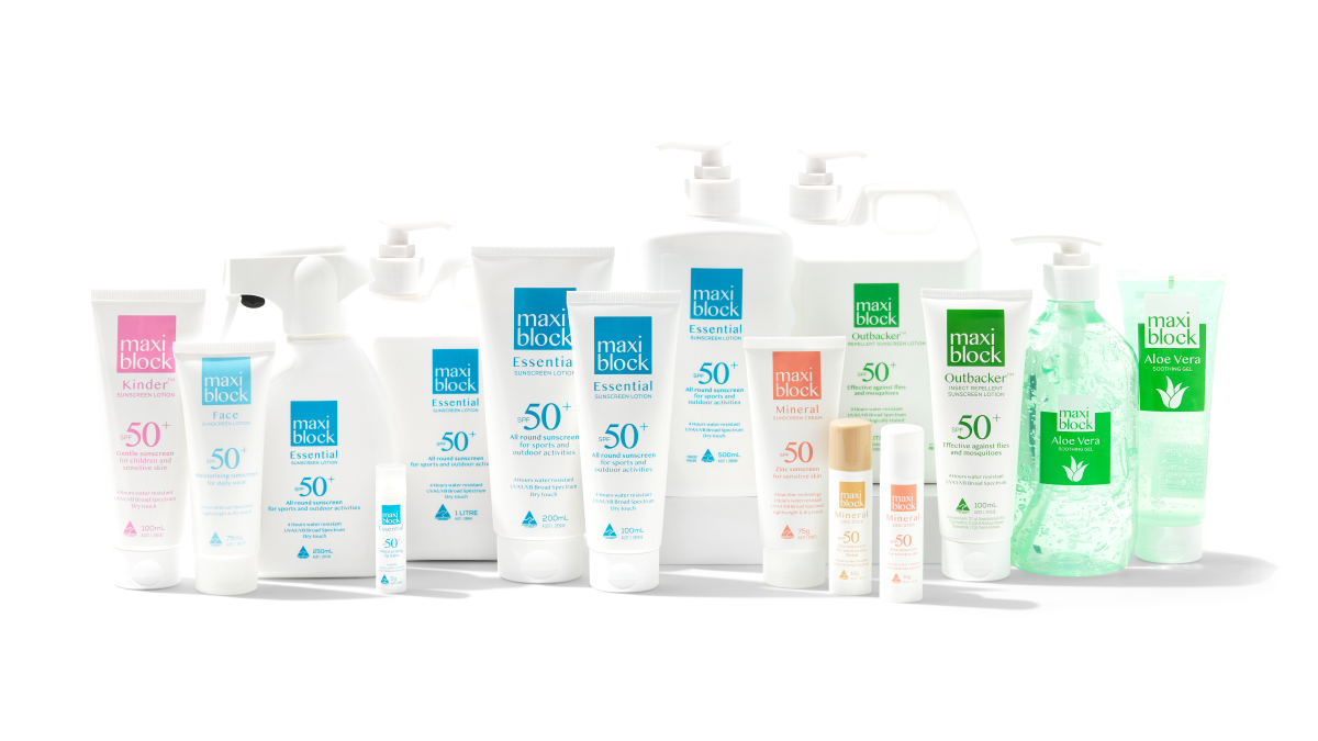 Maxiblock full sunscreen range — SPF 50+ wholesale products including tubes, pumps, sprays, zinc sticks, and lip balm